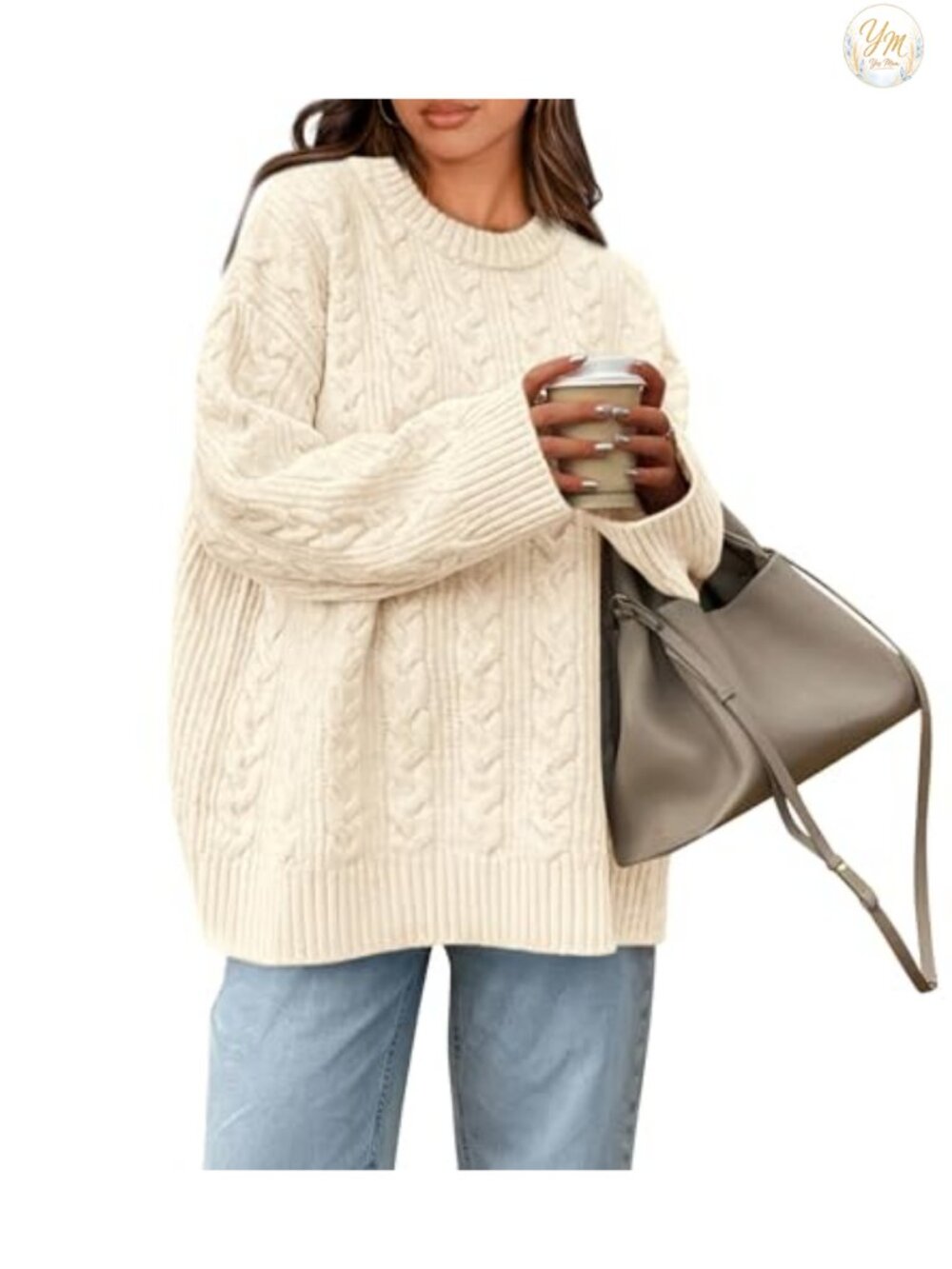 Oversized Cable Knit Crewneck Pullover Sweater Chunky Cozy